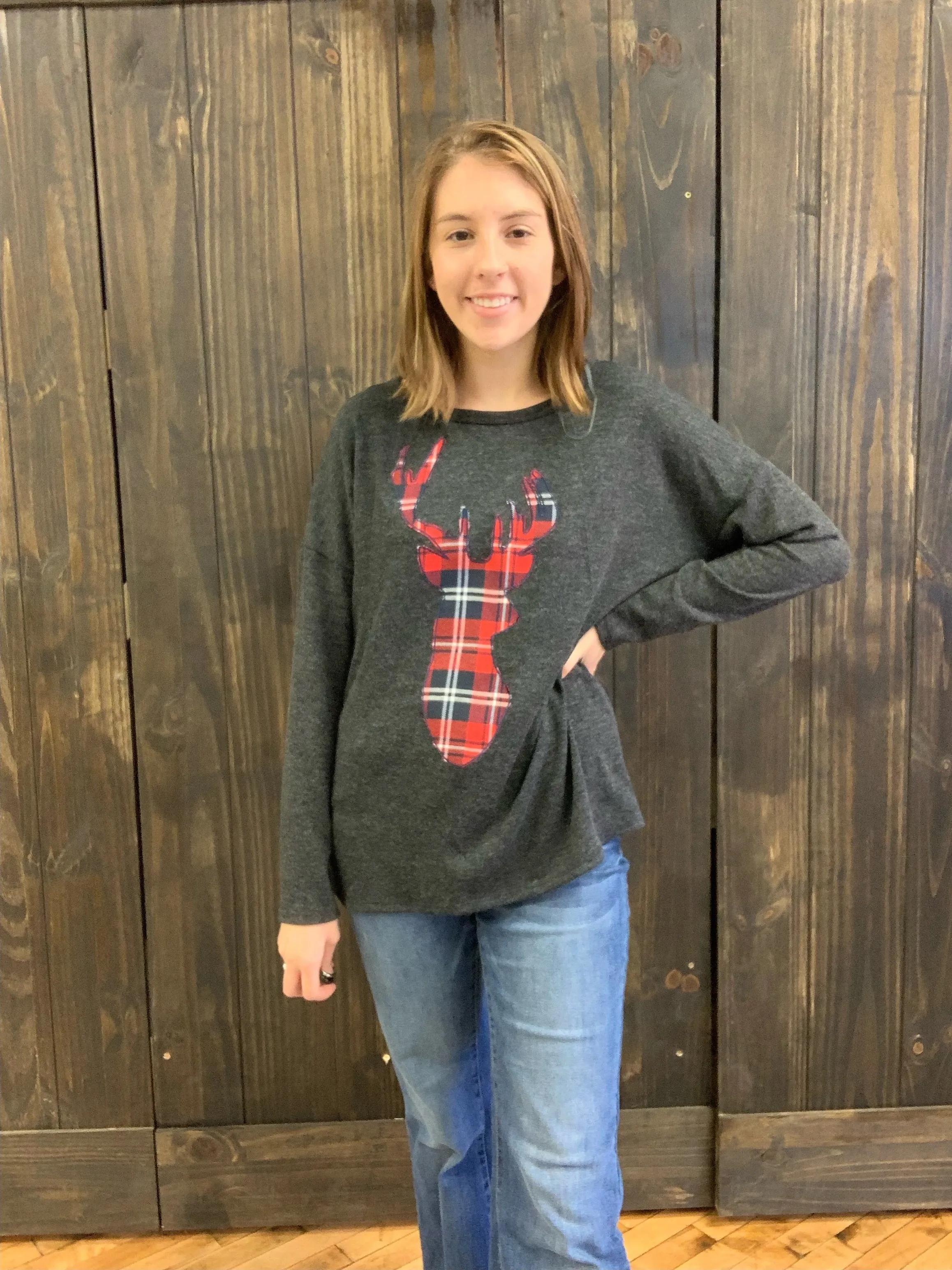 Charcoal/Red Plaid Reindeer Top