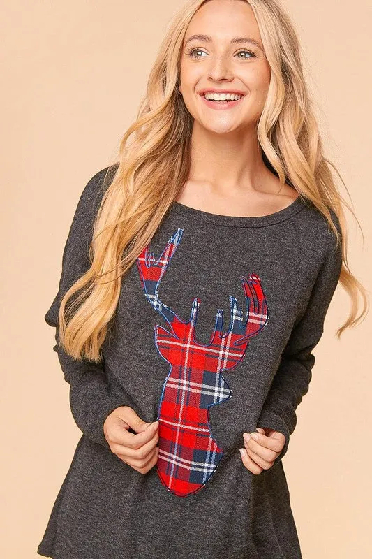 Charcoal/Red Plaid Reindeer Top