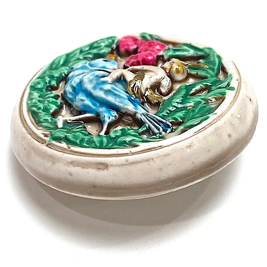 Cherub on Blue Bird, Shank Back Art Stone Ceramic Button, 1-1/16"  #SC-1087