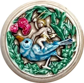 Cherub on Blue Bird, Shank Back Art Stone Ceramic Button, 1-1/16"  #SC-1087