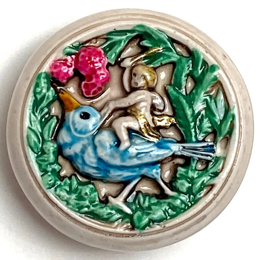 Cherub on Blue Bird, Shank Back Art Stone Ceramic Button, 1-1/16"  #SC-1087