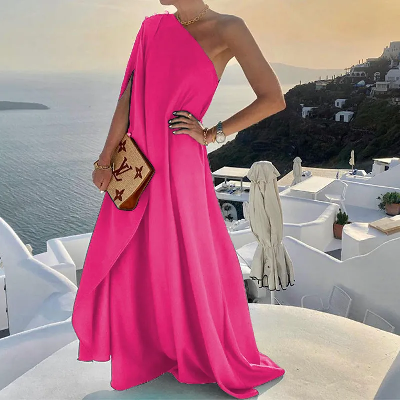 Chic Summer Style Solid Color One-Shoulder Maxi Dress