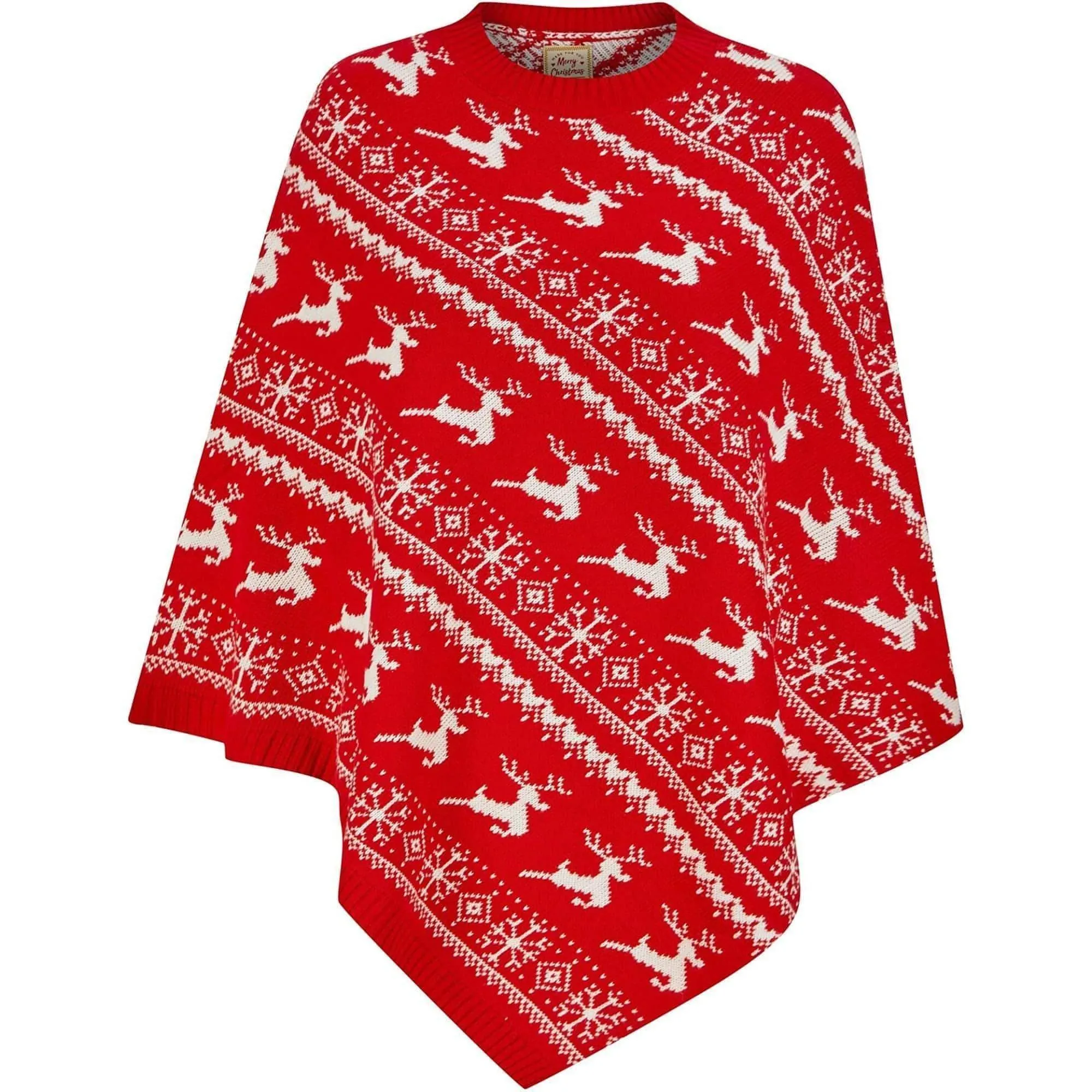 Christmas Claudia Reindeer & Snowflake Print Womens Poncho Cape - Red