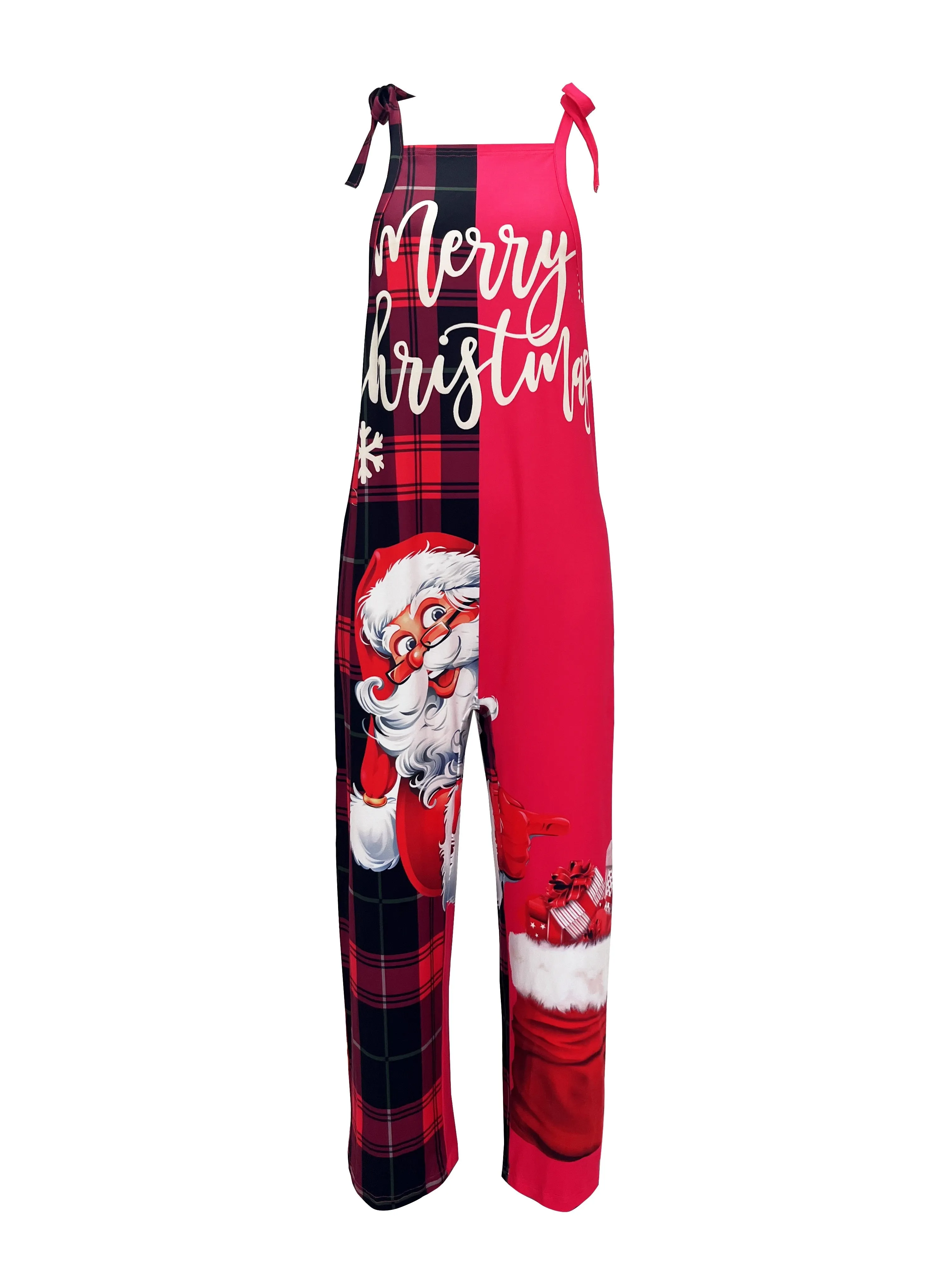 Christmas Print Adult Jumpsuit for Women - Casual Polyester Knit Fabric with Drawstring, Sleeveless, Wide Leg Pants, No Belt - Holiday Santa, Snowman, Reindeer Design