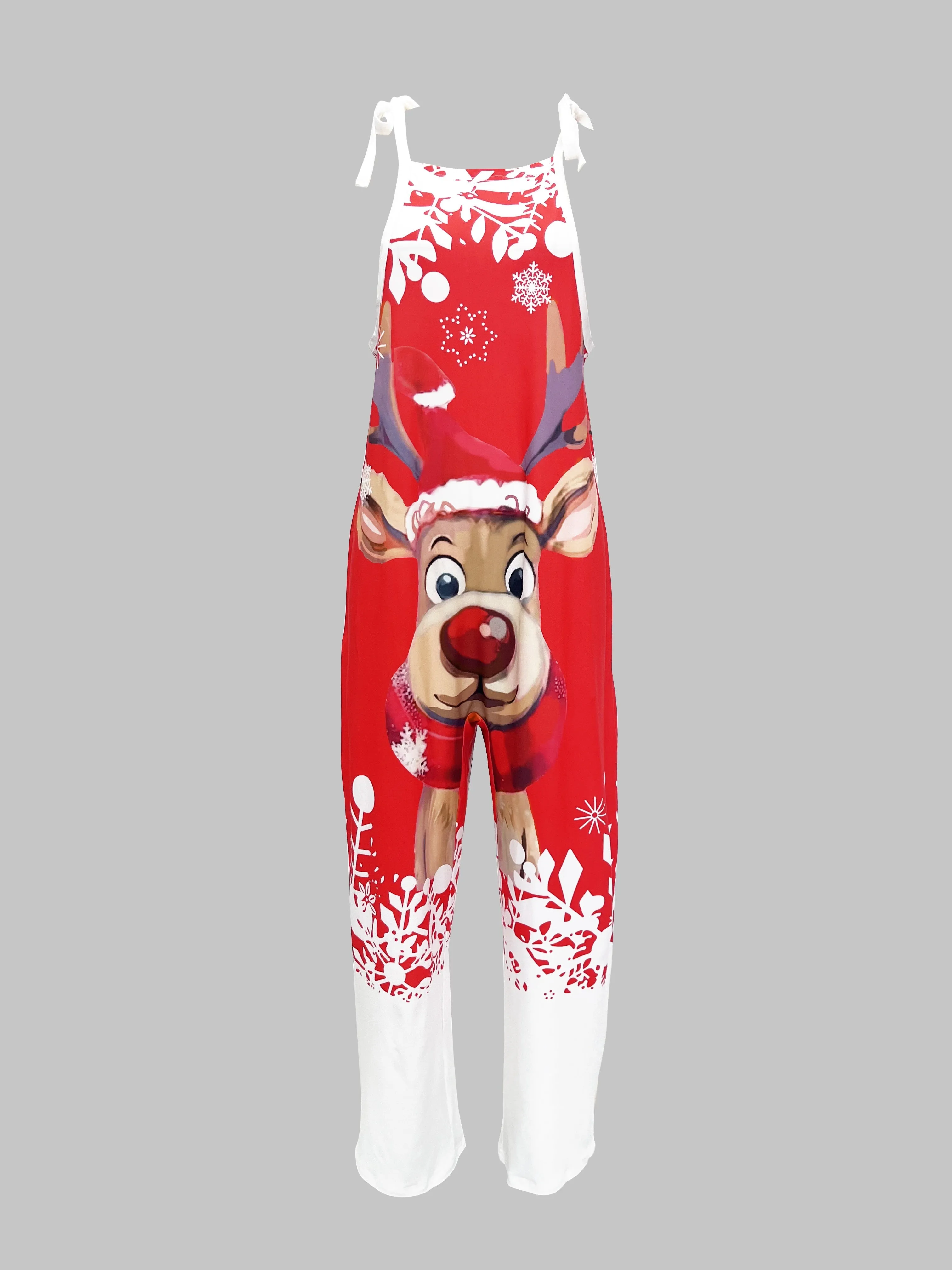 Christmas Print Adult Jumpsuit for Women - Casual Polyester Knit Fabric with Drawstring, Sleeveless, Wide Leg Pants, No Belt - Holiday Santa, Snowman, Reindeer Design