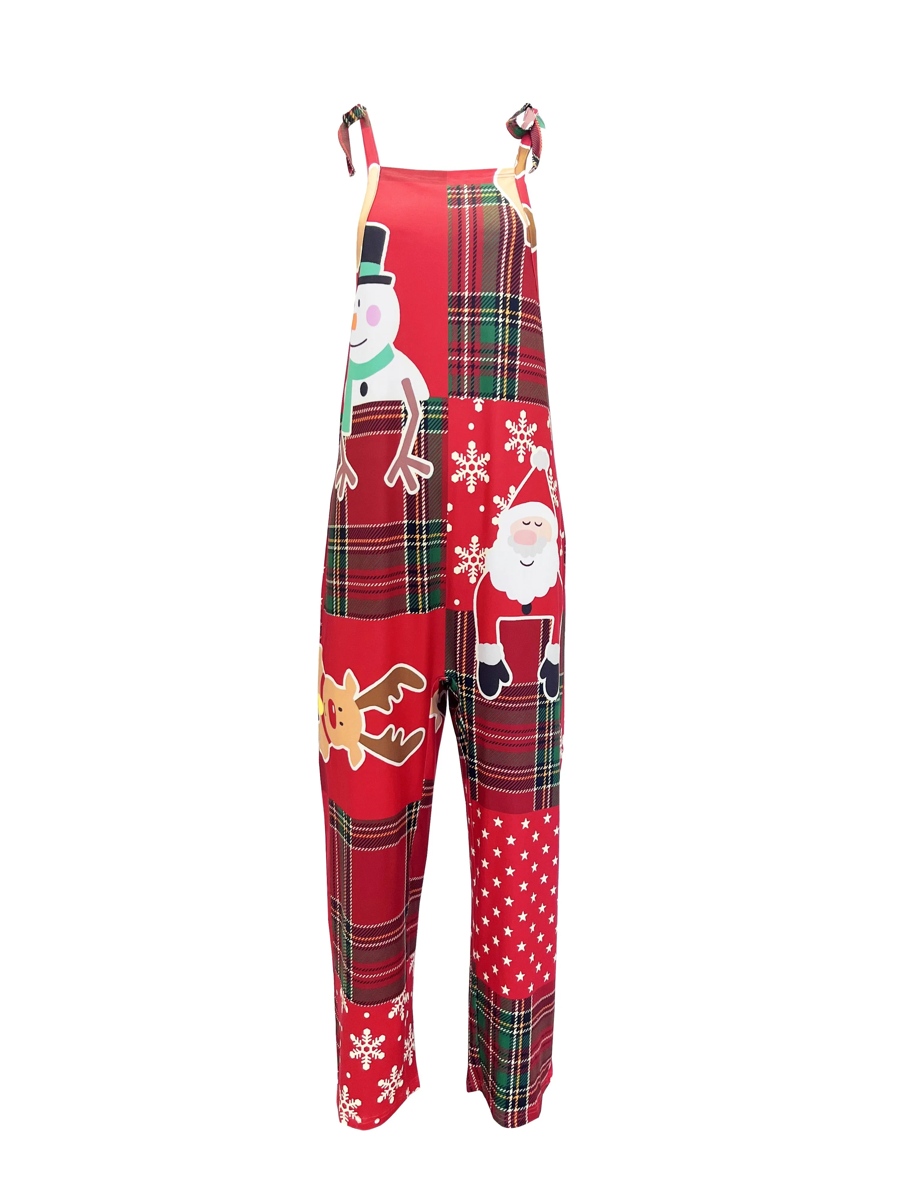 Christmas Print Adult Jumpsuit for Women - Casual Polyester Knit Fabric with Drawstring, Sleeveless, Wide Leg Pants, No Belt - Holiday Santa, Snowman, Reindeer Design