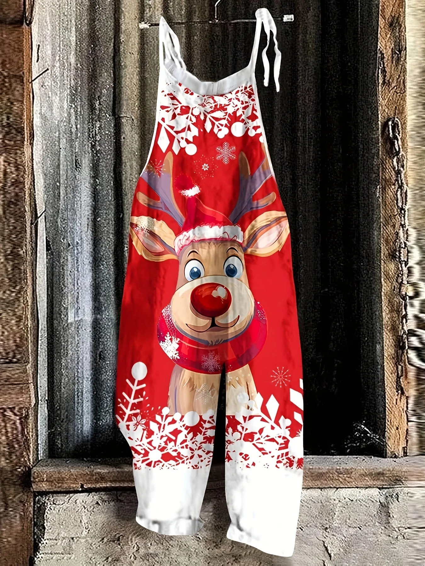 Christmas Print Adult Jumpsuit for Women - Casual Polyester Knit Fabric with Drawstring, Sleeveless, Wide Leg Pants, No Belt - Holiday Santa, Snowman, Reindeer Design