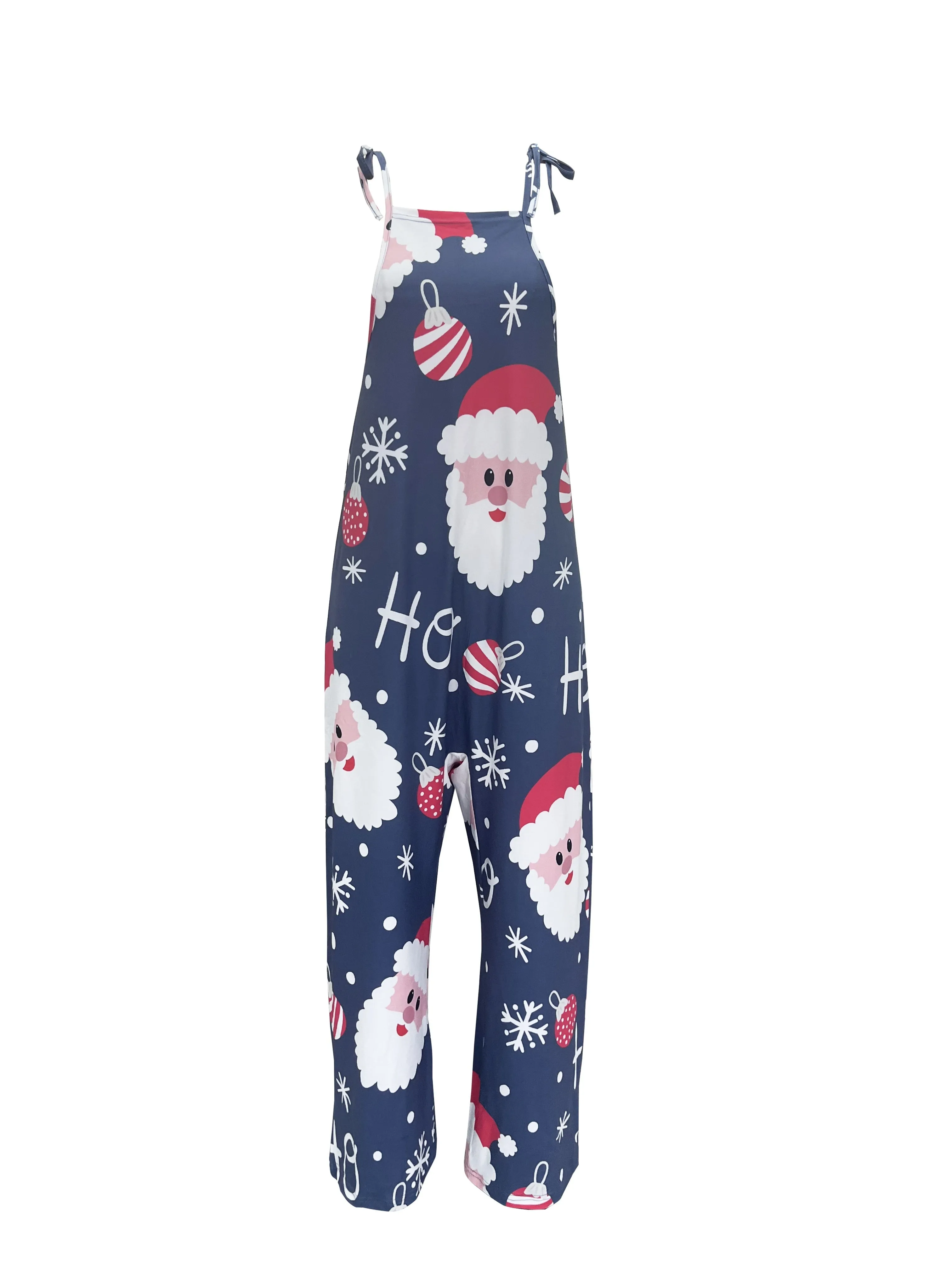 Christmas Print Adult Jumpsuit for Women - Casual Polyester Knit Fabric with Drawstring, Sleeveless, Wide Leg Pants, No Belt - Holiday Santa, Snowman, Reindeer Design