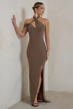 Clementine | Mocha Asymmetric Neckline Maxi Dress With Thigh Split