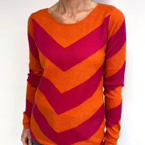 Clementine Orange And Fuchsia Pink Cashmere Crew Neck Jumper Medium