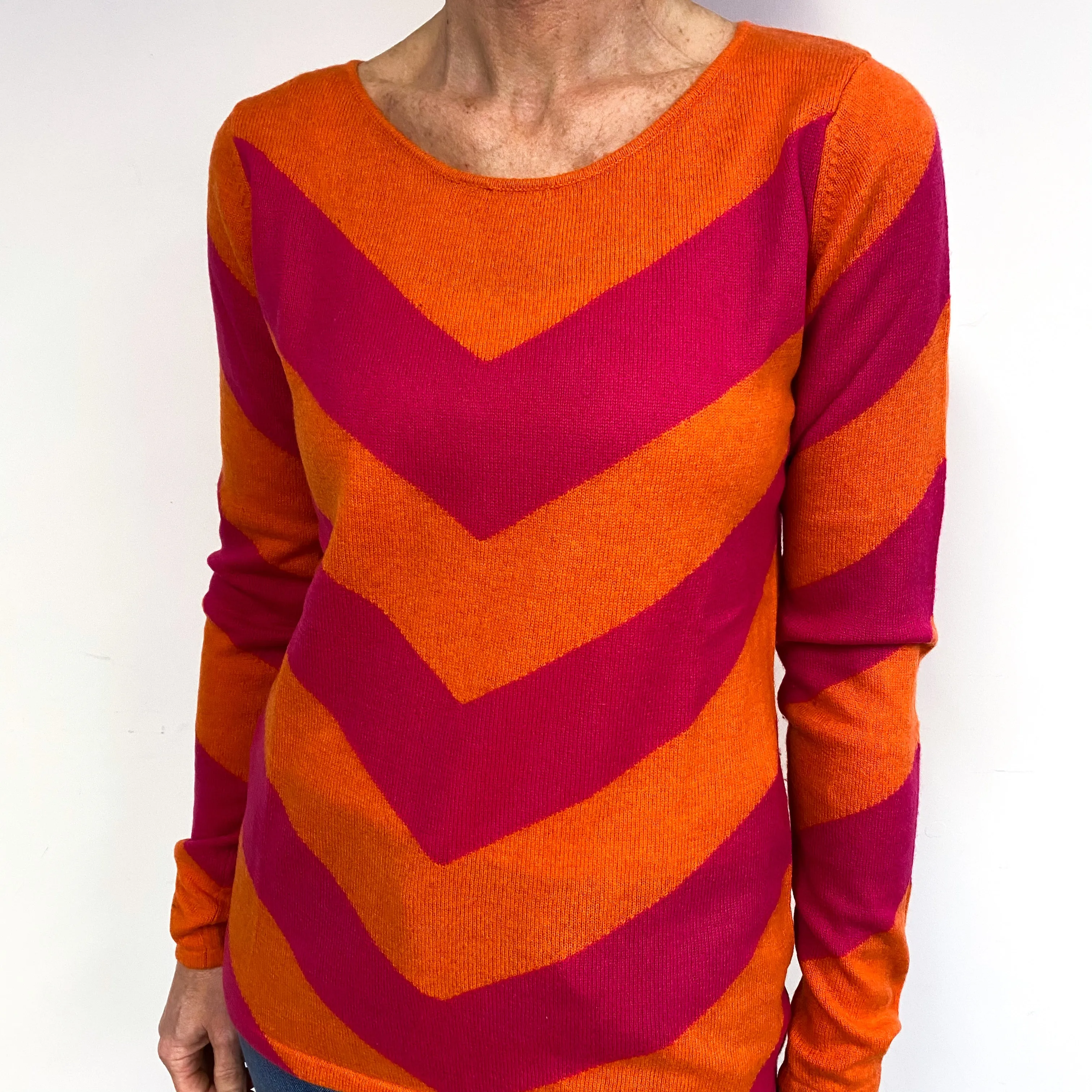 Clementine Orange And Fuchsia Pink Cashmere Crew Neck Jumper Medium