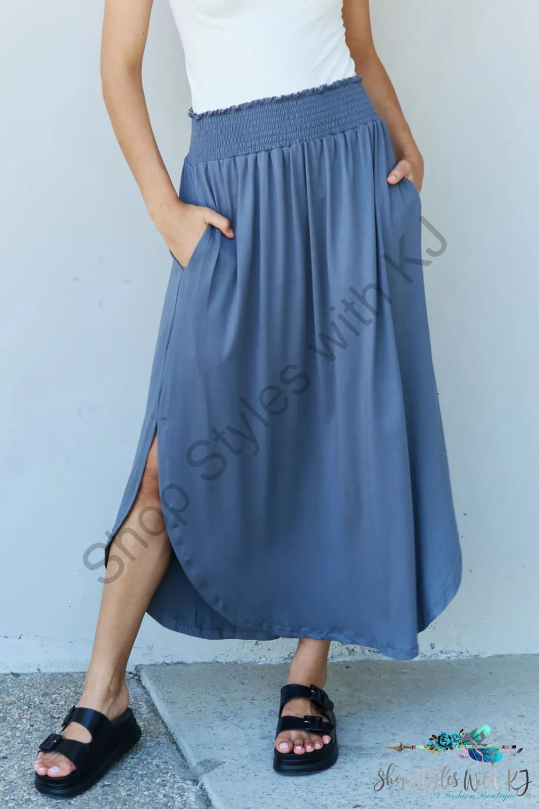 Comfort Princess High Waist Scoop Hem Maxi Skirt in Dusty Blue