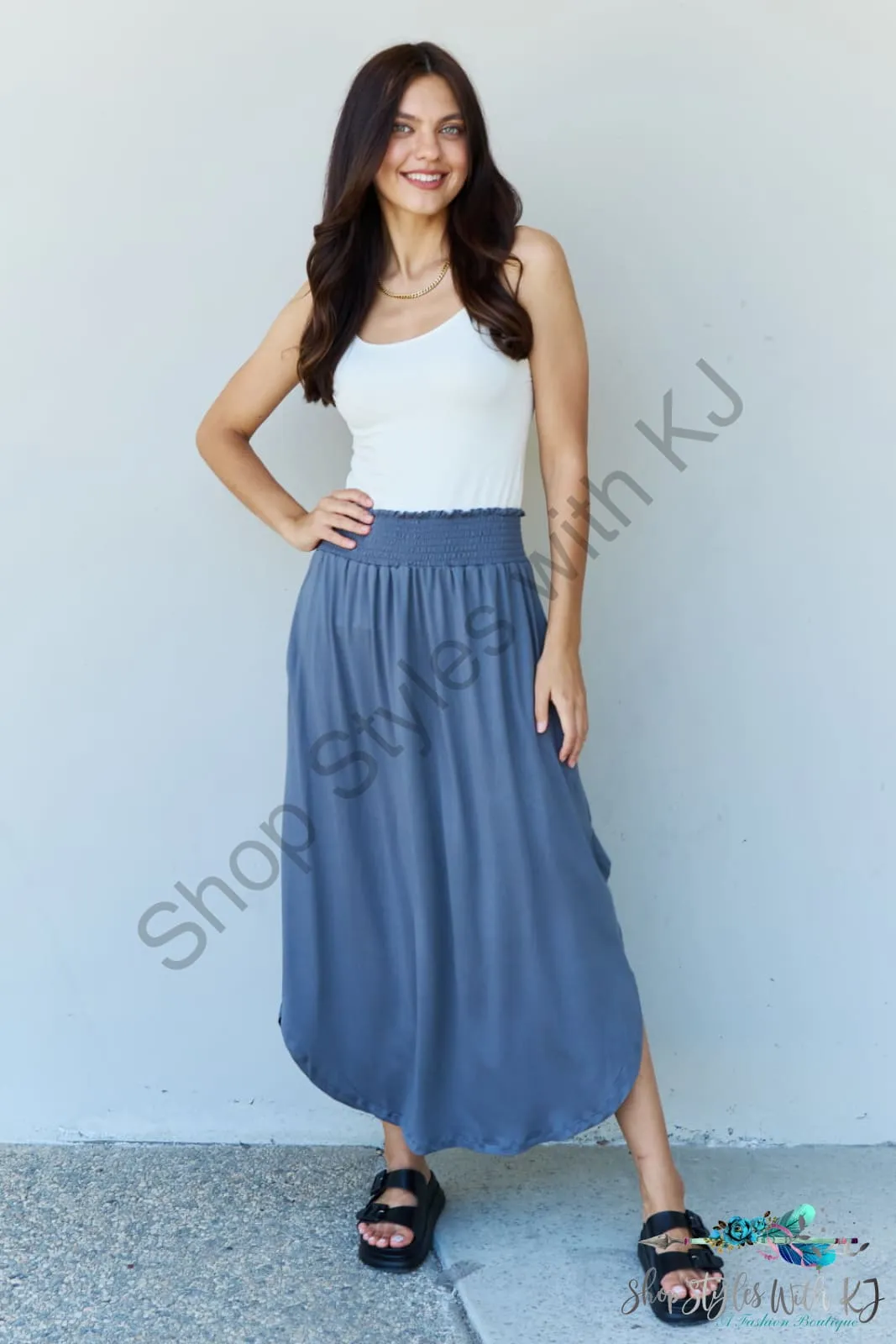 Comfort Princess High Waist Scoop Hem Maxi Skirt in Dusty Blue