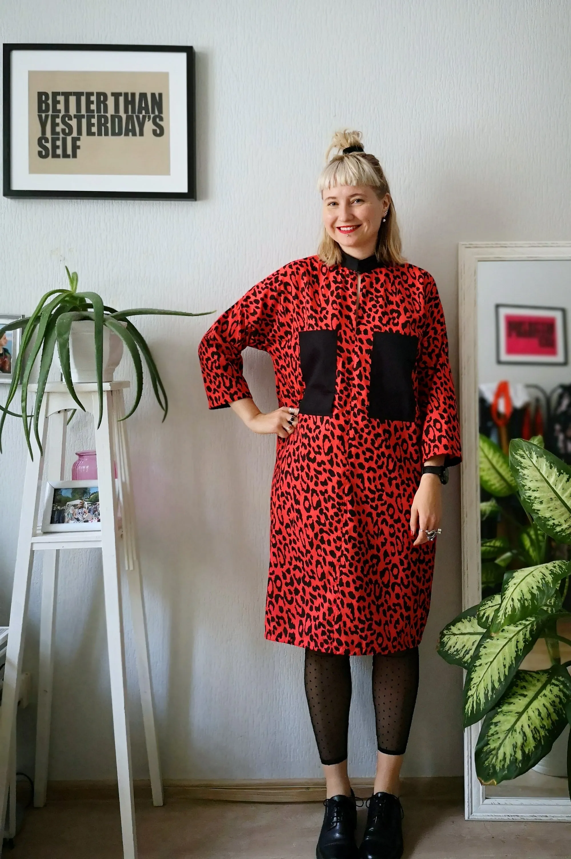 Cool, Fun, Strong and Versetile Oversized Shirt Dress in Red Animal Print Cotton Fabric.