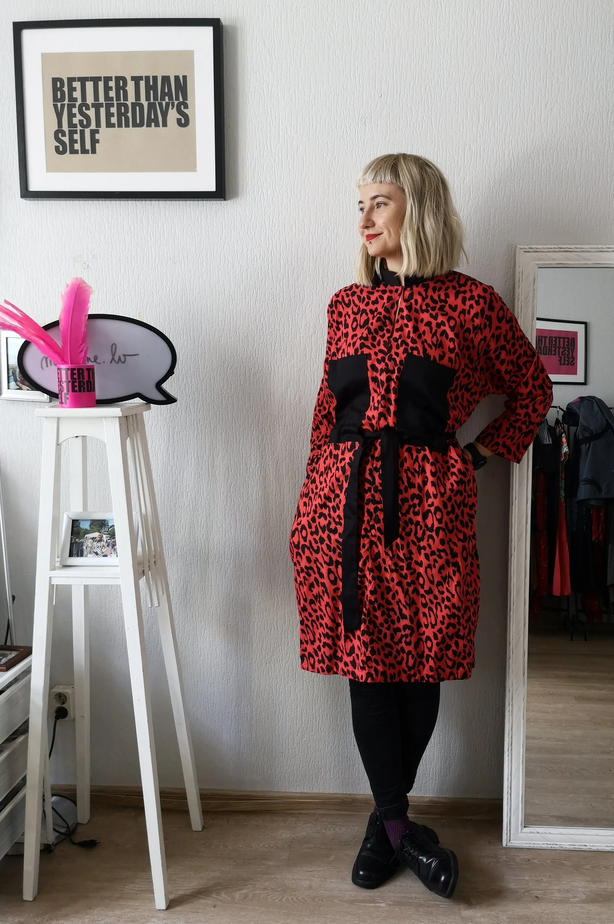 Cool, Fun, Strong and Versetile Oversized Shirt Dress in Red Animal Print Cotton Fabric.