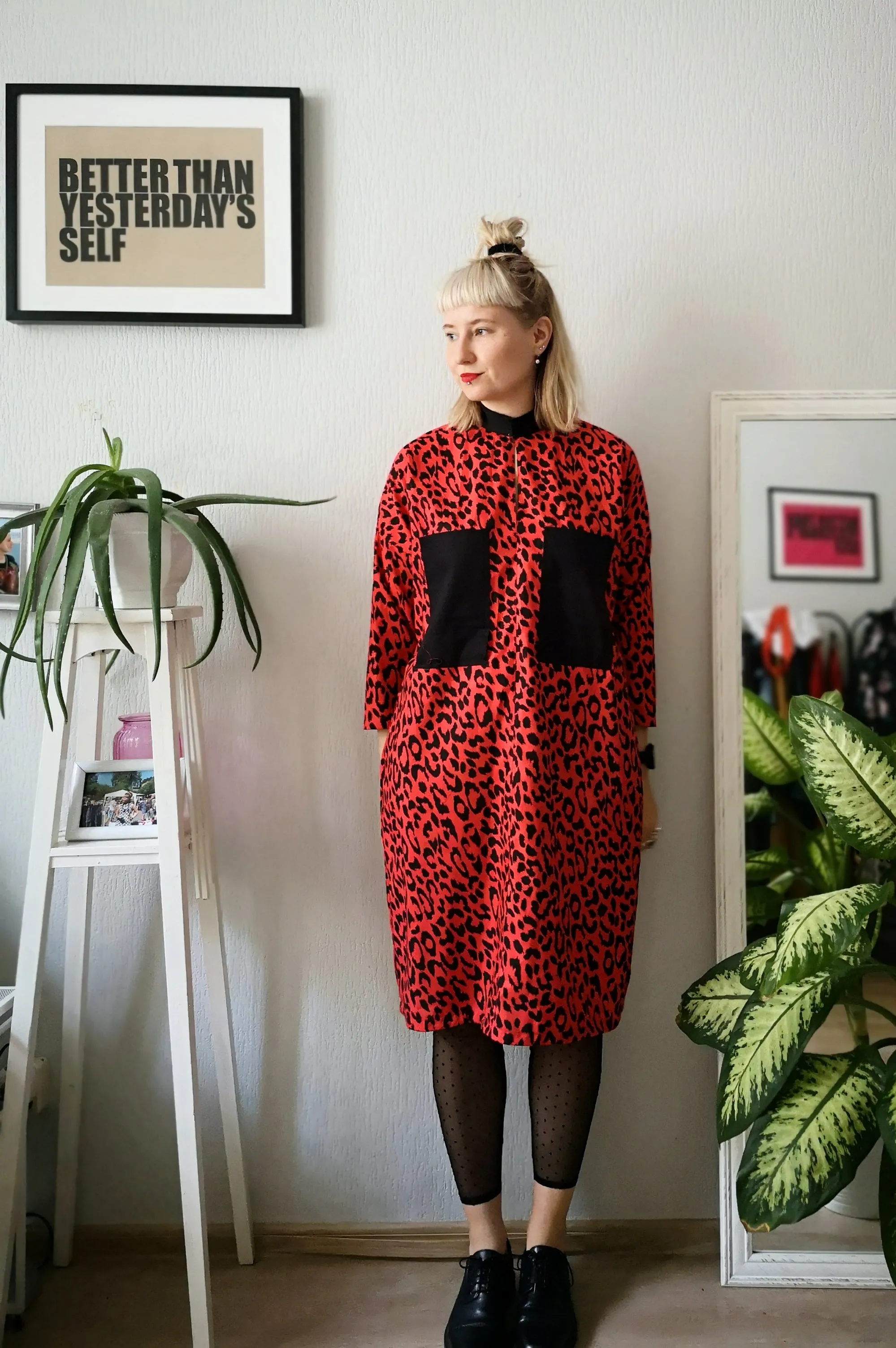 Cool, Fun, Strong and Versetile Oversized Shirt Dress in Red Animal Print Cotton Fabric.