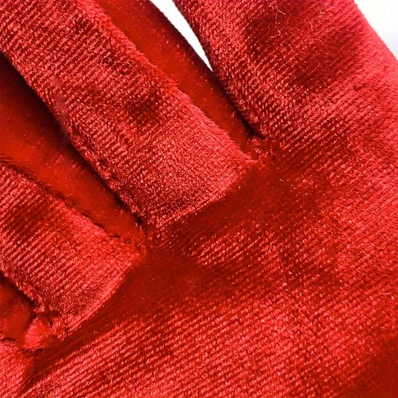 Cozy Velvet-Lined Short Gloves For Women - Perfect For Christmas & Halloween Parties, Warm Knit Mittens With Faux Fur Trim