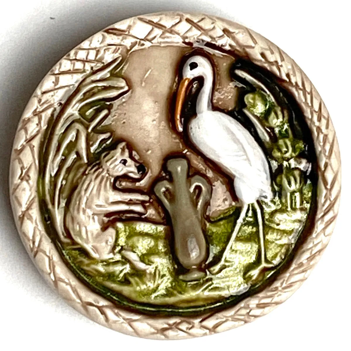 Crane, Fox and Amphora,  1-1/4" Art Stone Button, by Susan Clarke