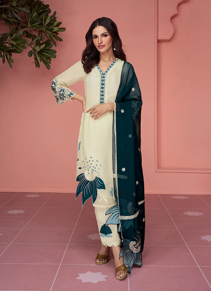 Cream And Turquoise Floral Embroidery Pakistani Pant Style Suit