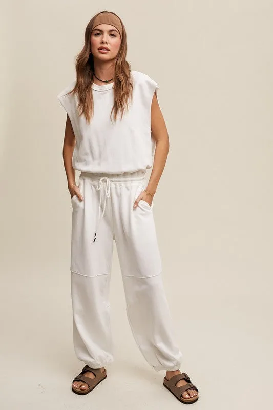 Cream French Terry Loose Jogger Jumpsuit