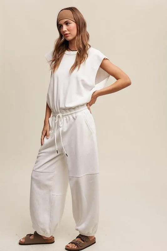 Cream French Terry Loose Jogger Jumpsuit