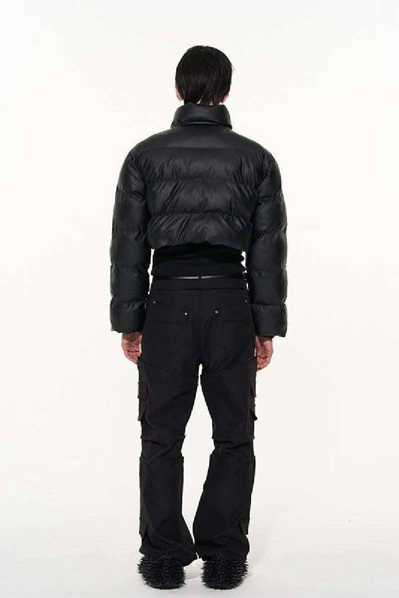 Cropped Pu Leather Puffer Jacket