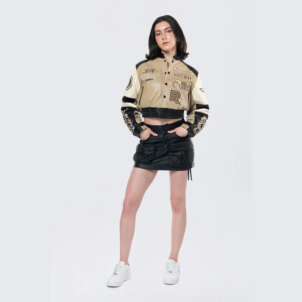 Cropped Racing Bomber Jacket - Khaki