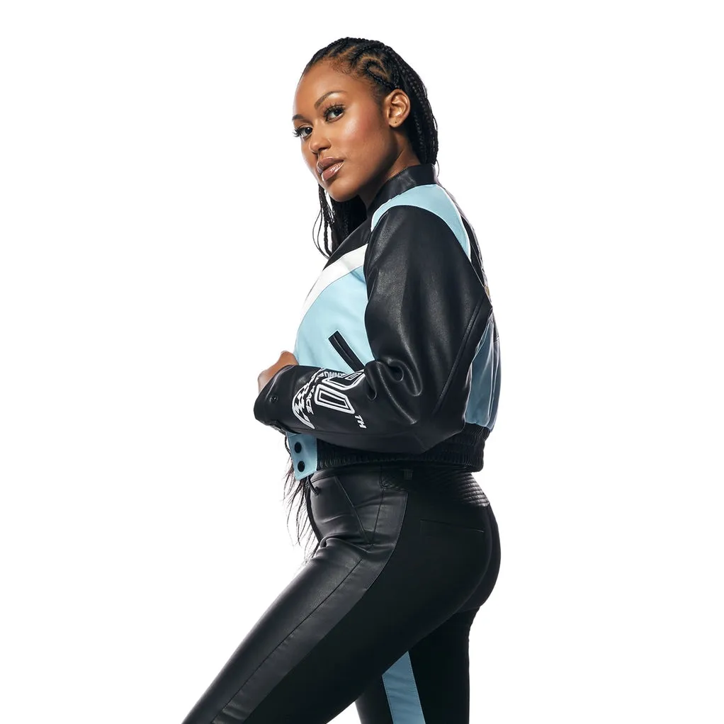 Cropped Vegan Leather Racing Bomber Jacket - Blue