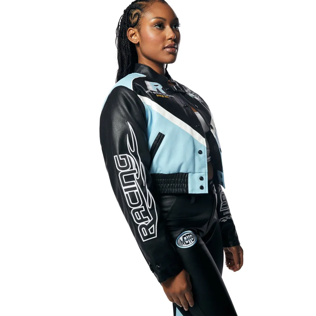 Cropped Vegan Leather Racing Bomber Jacket - Blue