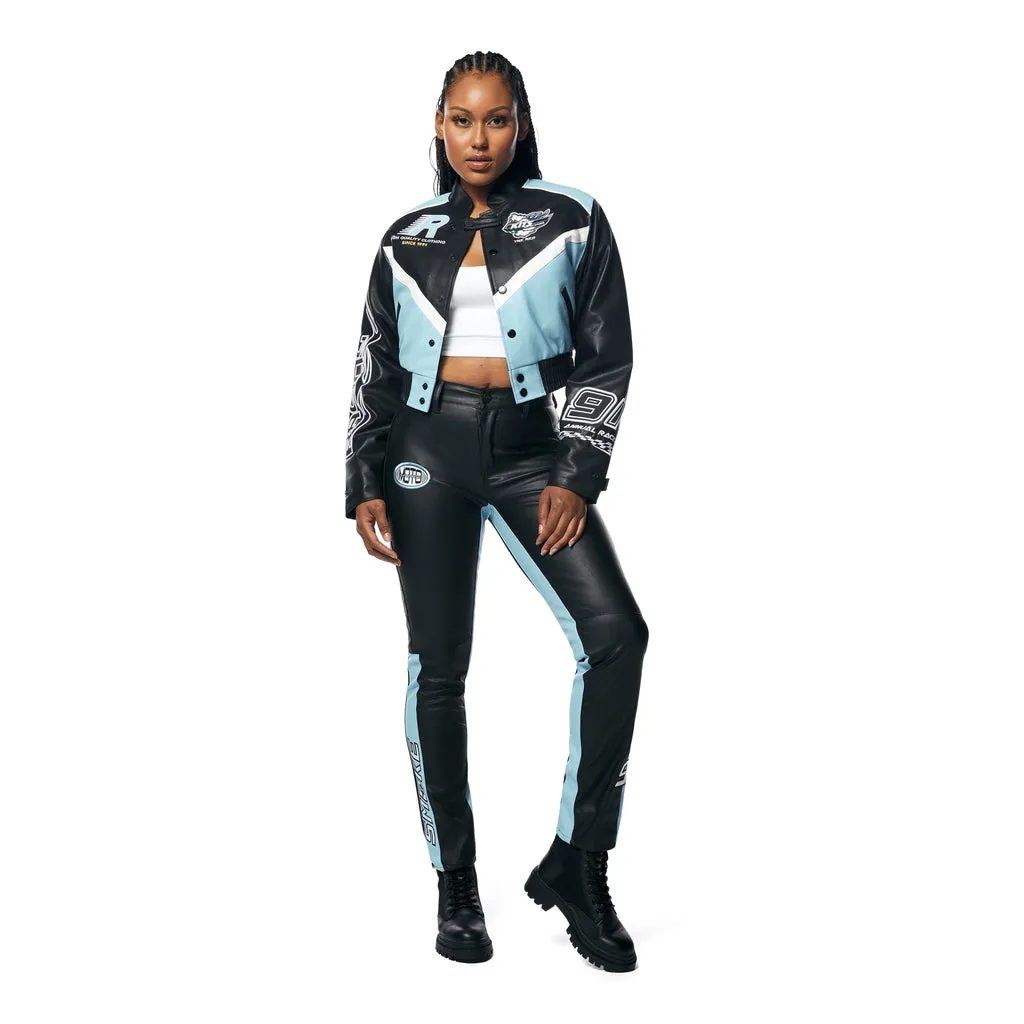 Cropped Vegan Leather Racing Bomber Jacket - Blue