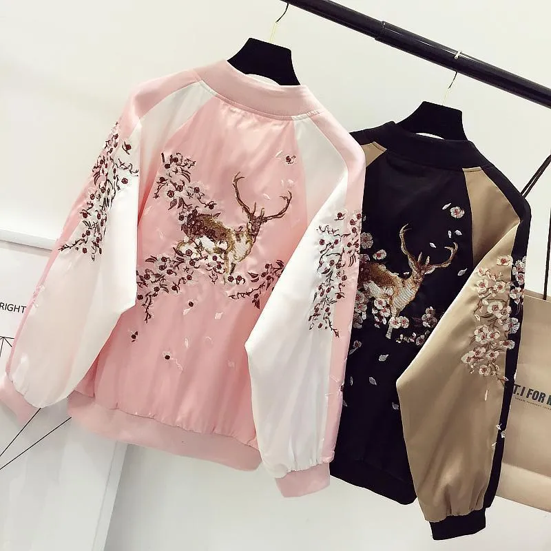 Cute Deer Embroidery Bomber Jacket