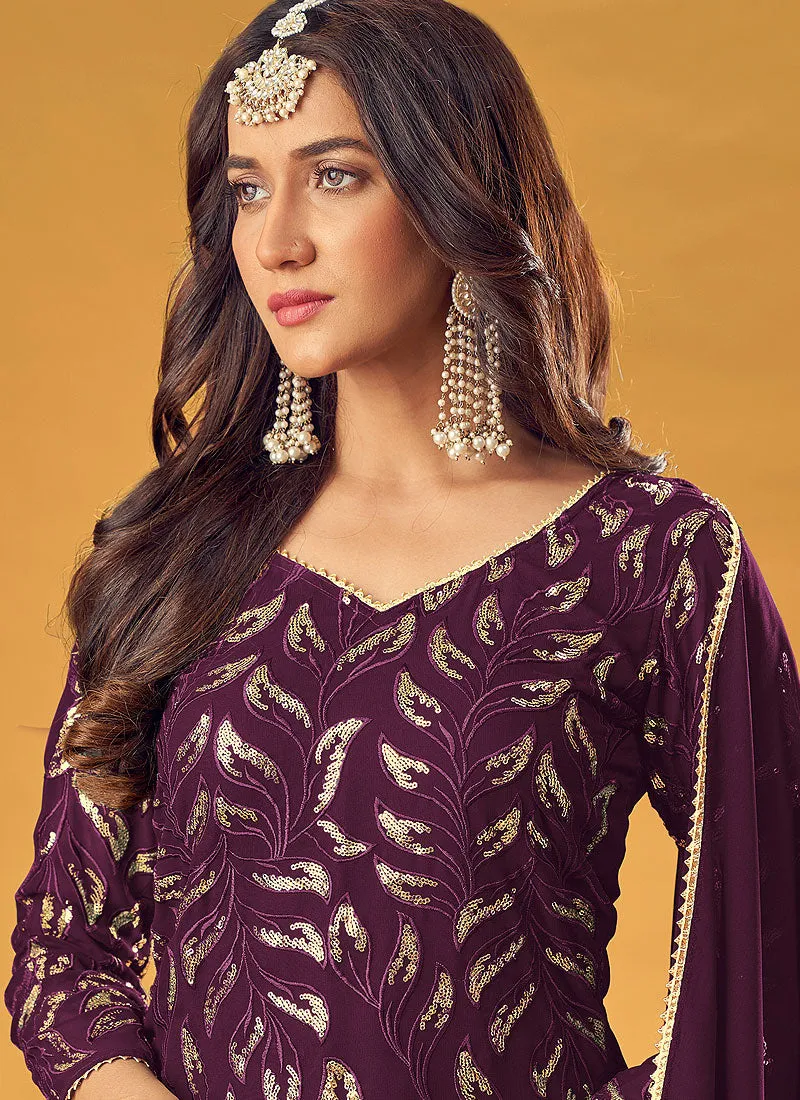 Deep Wine Sequence Embroidered Palazzo Suit