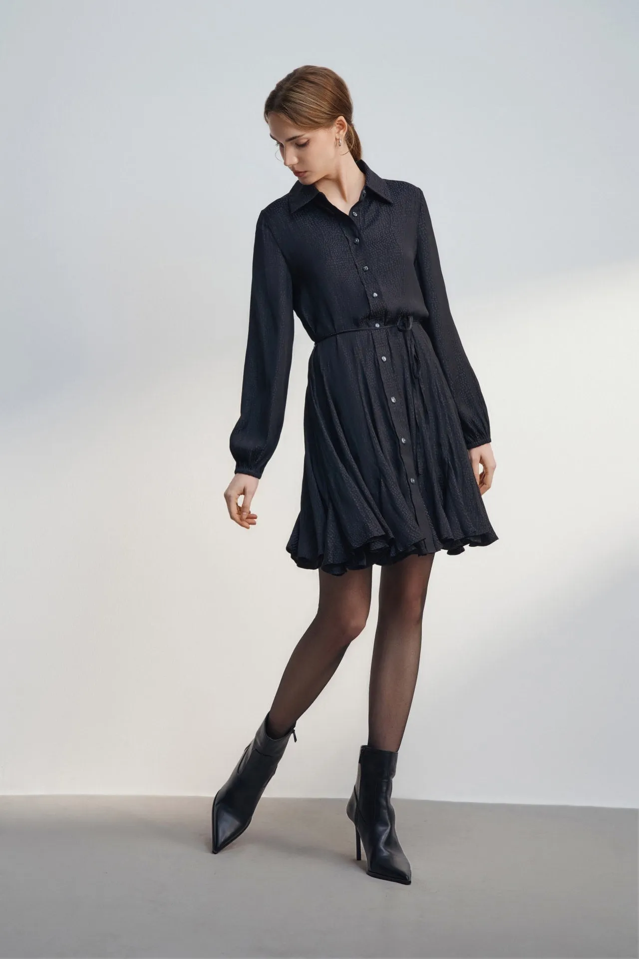 Dotted Jacquard Fit & Flare Shirt Dress with belt