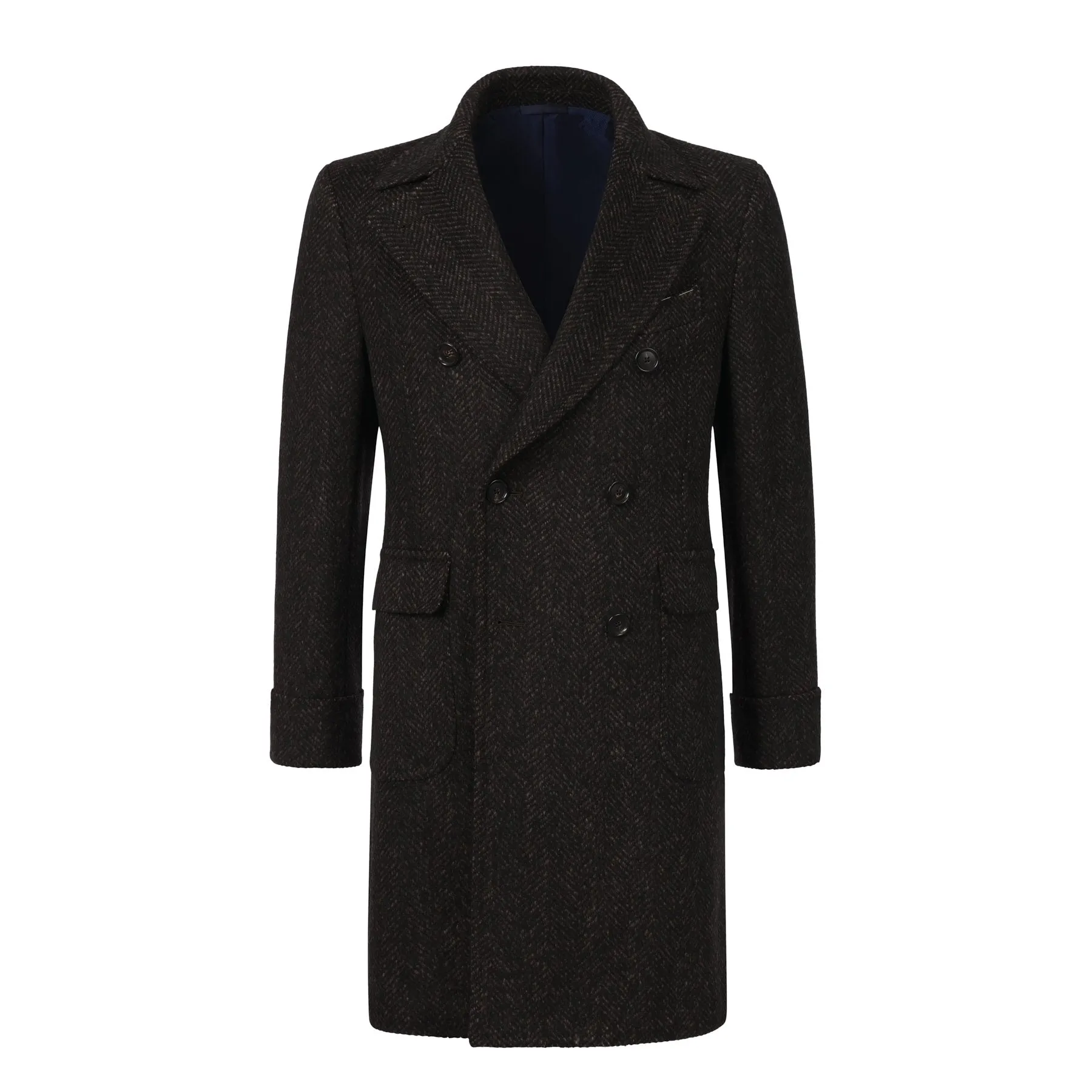 Double-Breasted Herringbone Wool and Alpaca-Blend Coat in Dark Brown. Exclusively Made for Sartale