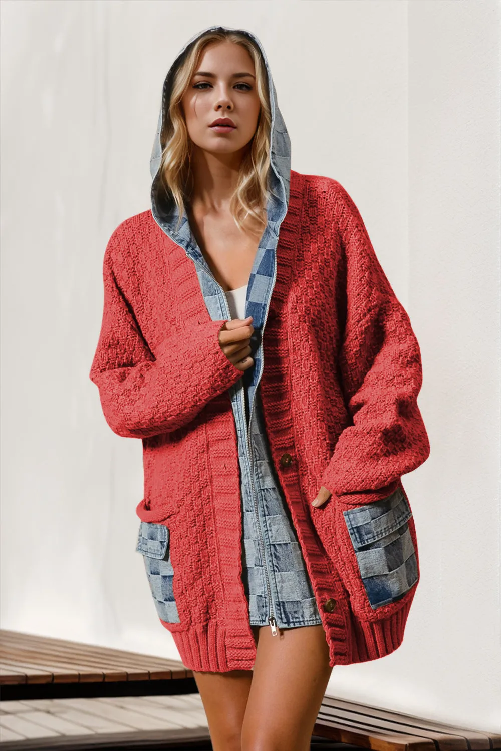 Double Take Full Size Hooded Denim Spliced Sweater Cardigan | Fall Cardigan