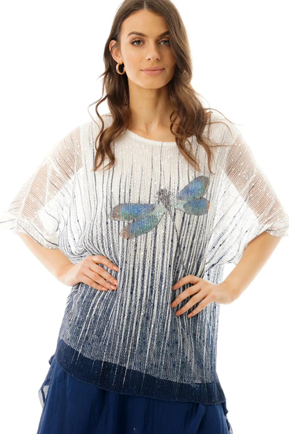 Dragonfly Print Fine Knit Crochet Top