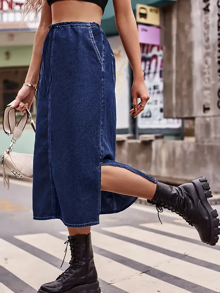 Drawstring Waist Denim Midi Skirt