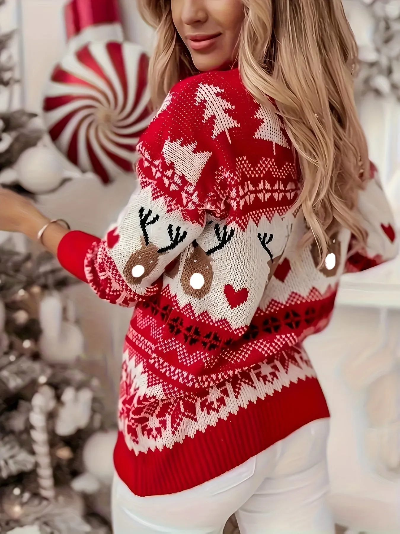 Elegant Christmas Reindeer Knit Sweater for Women - Cozy Long Sleeve Crew Neck Pullover, Perfect for Fall & Winter