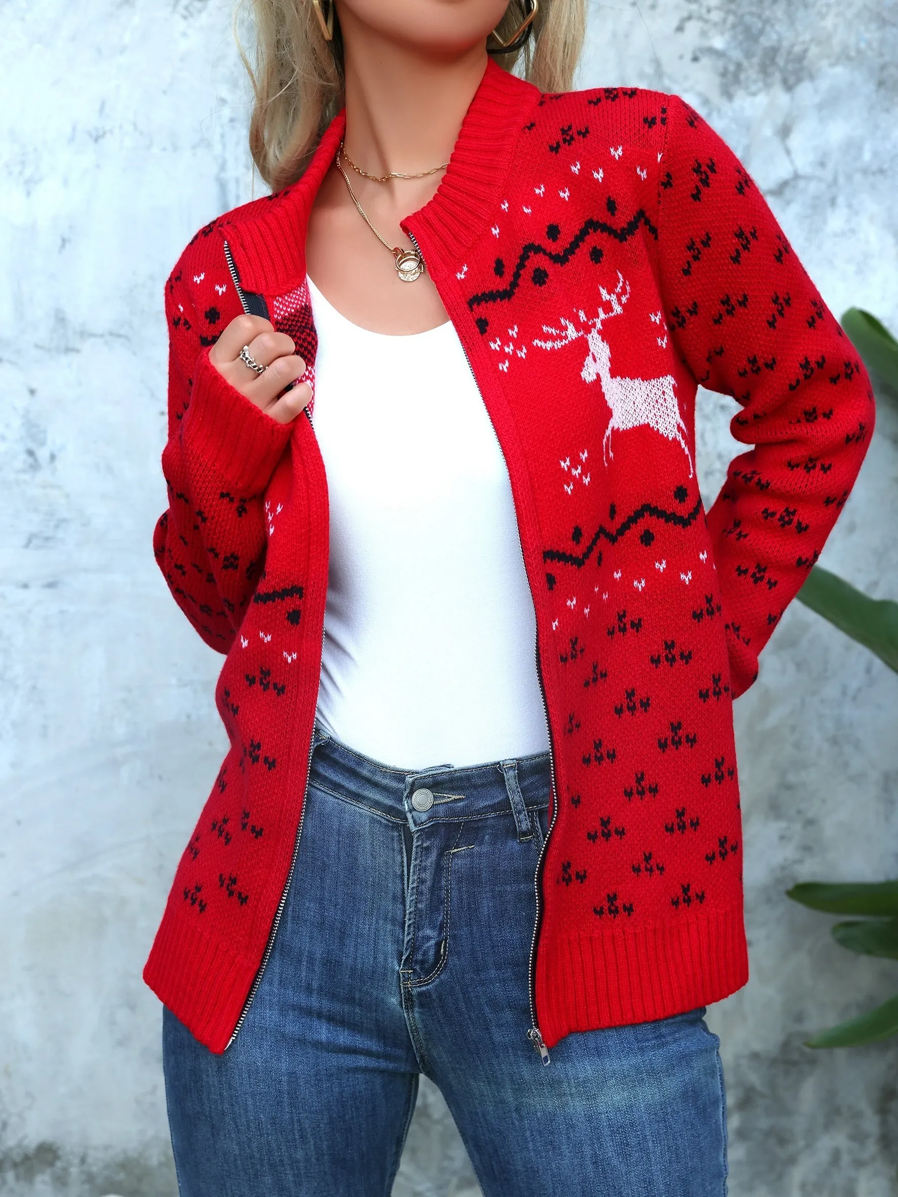 Elegant Christmas Reindeer Pattern Zip-Up Knit Cardigan - Cozy Acrylic Sweater for Women, Long Sleeve, Crew Neck, Casual & Chic Fall/Winter Fashion, Non-Sheer, Perfect for Holiday Parties