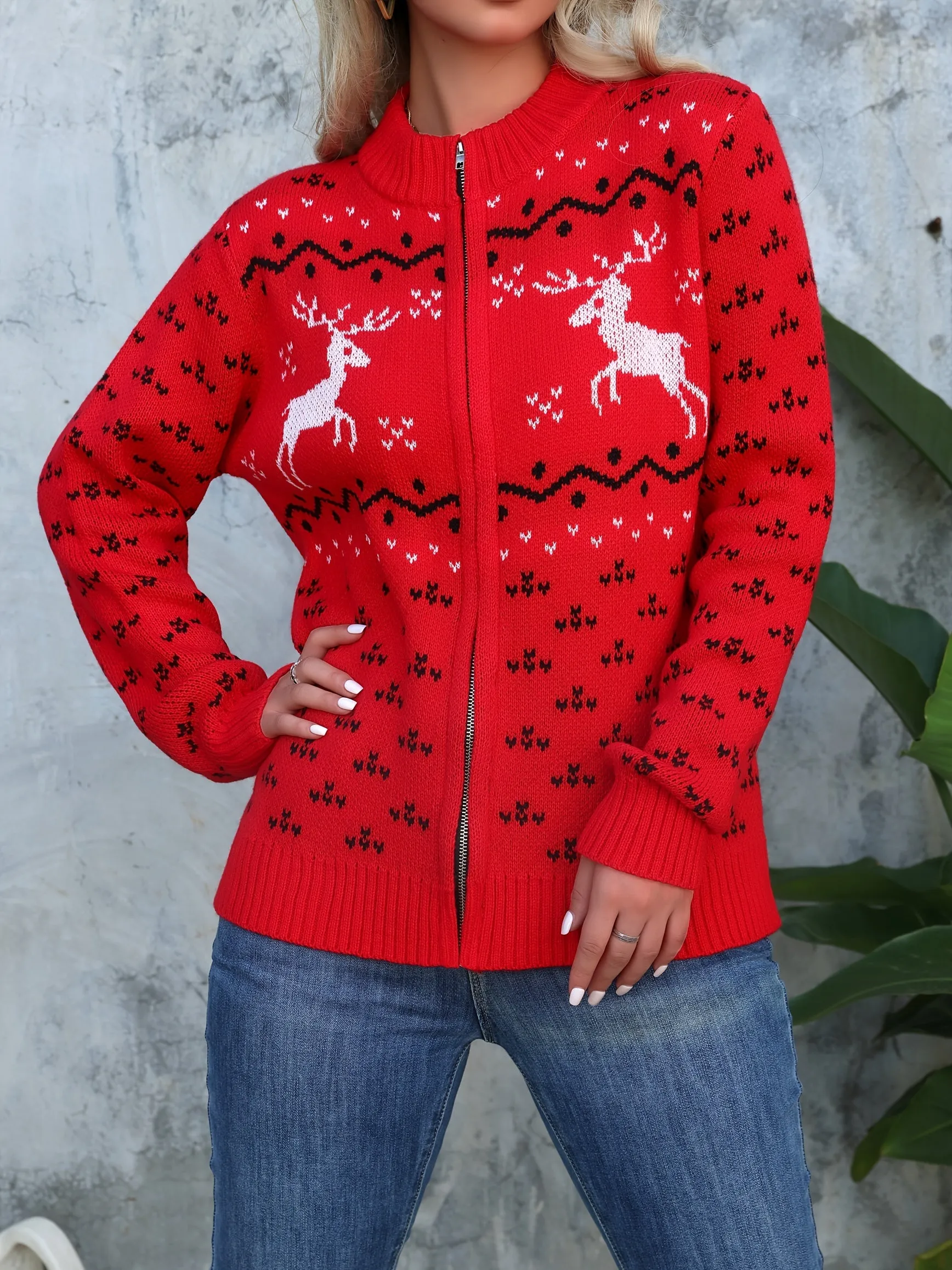 Elegant Christmas Reindeer Pattern Zip-Up Knit Cardigan - Cozy Acrylic Sweater for Women, Long Sleeve, Crew Neck, Casual & Chic Fall/Winter Fashion, Non-Sheer, Perfect for Holiday Parties