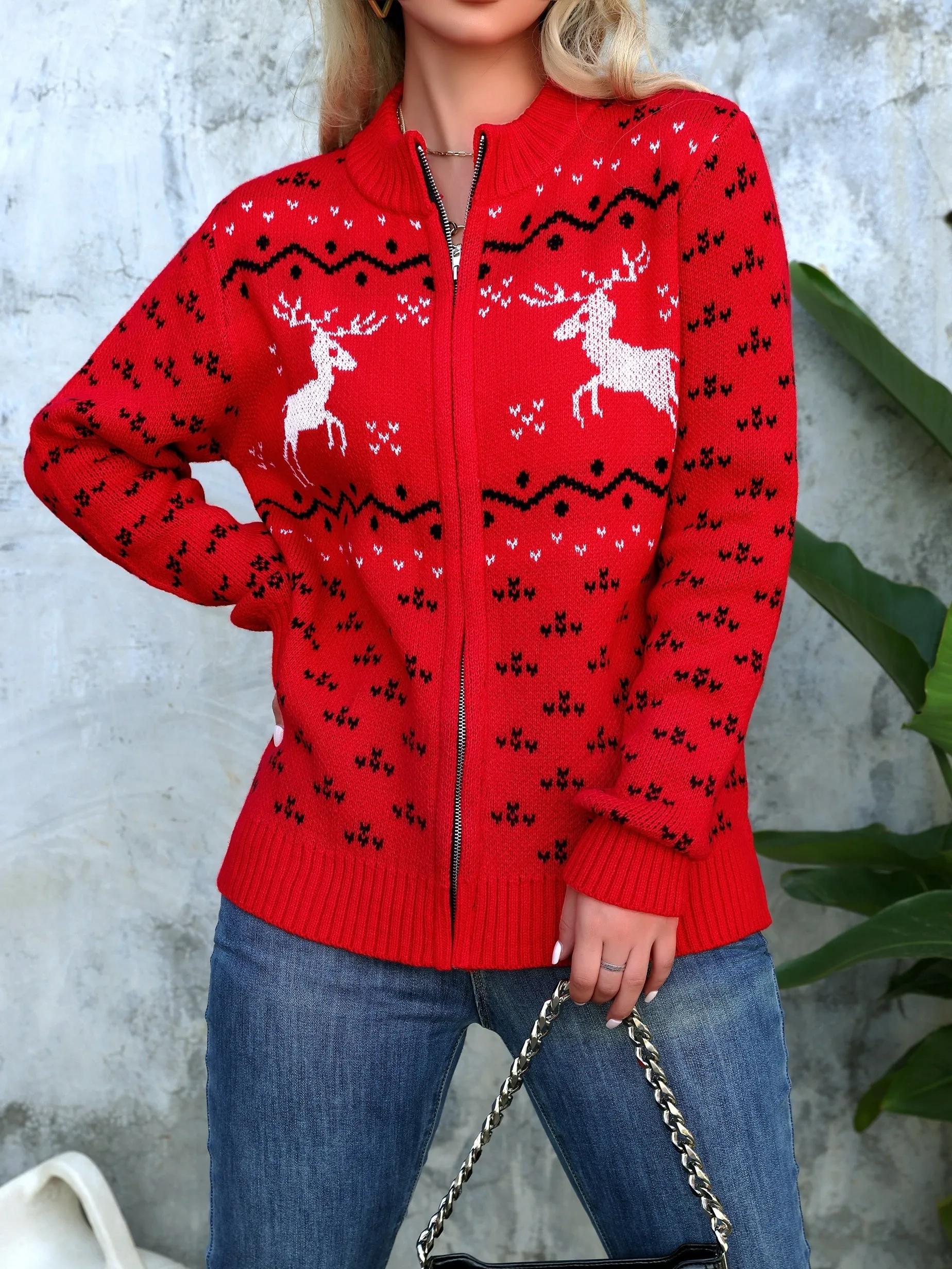 Elegant Christmas Reindeer Pattern Zip-Up Knit Cardigan - Cozy Acrylic Sweater for Women, Long Sleeve, Crew Neck, Casual & Chic Fall/Winter Fashion, Non-Sheer, Perfect for Holiday Parties