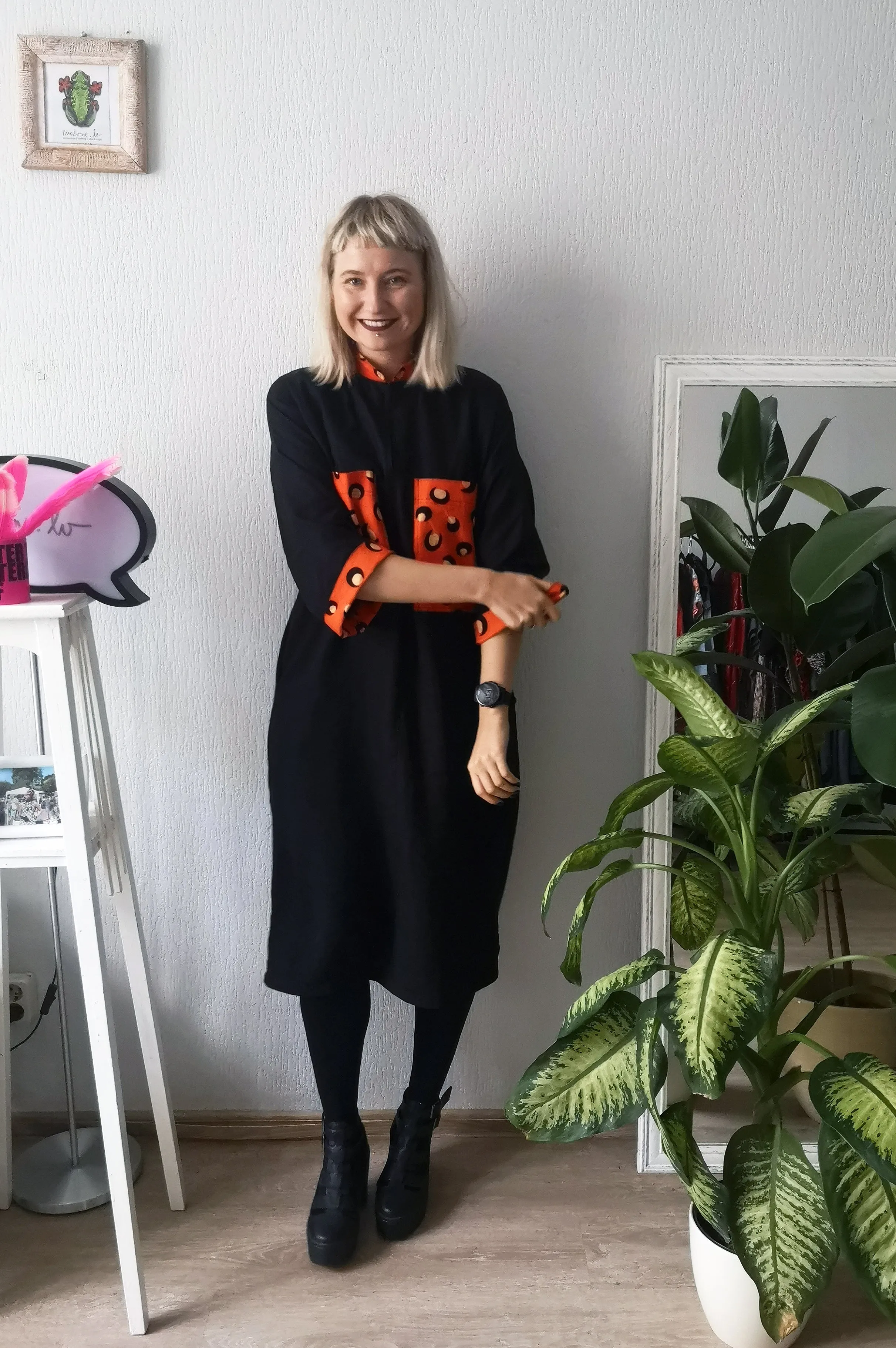 Elegant, Super Cool, Comfortable, Easy to Wear and Versetile Mama Africa Oversized Shirt Dress in Black Linen and Cool Details made from Bright Orange-Red Cotton Fabric directy from Africa