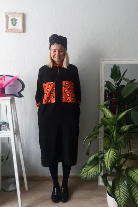 Elegant, Super Cool, Comfortable, Easy to Wear and Versetile Mama Africa Oversized Shirt Dress in Black Linen and Cool Details made from Bright Orange-Red Cotton Fabric directy from Africa