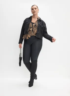 Embellished Cropped Denim Jacket & Vegan Leather Leggings