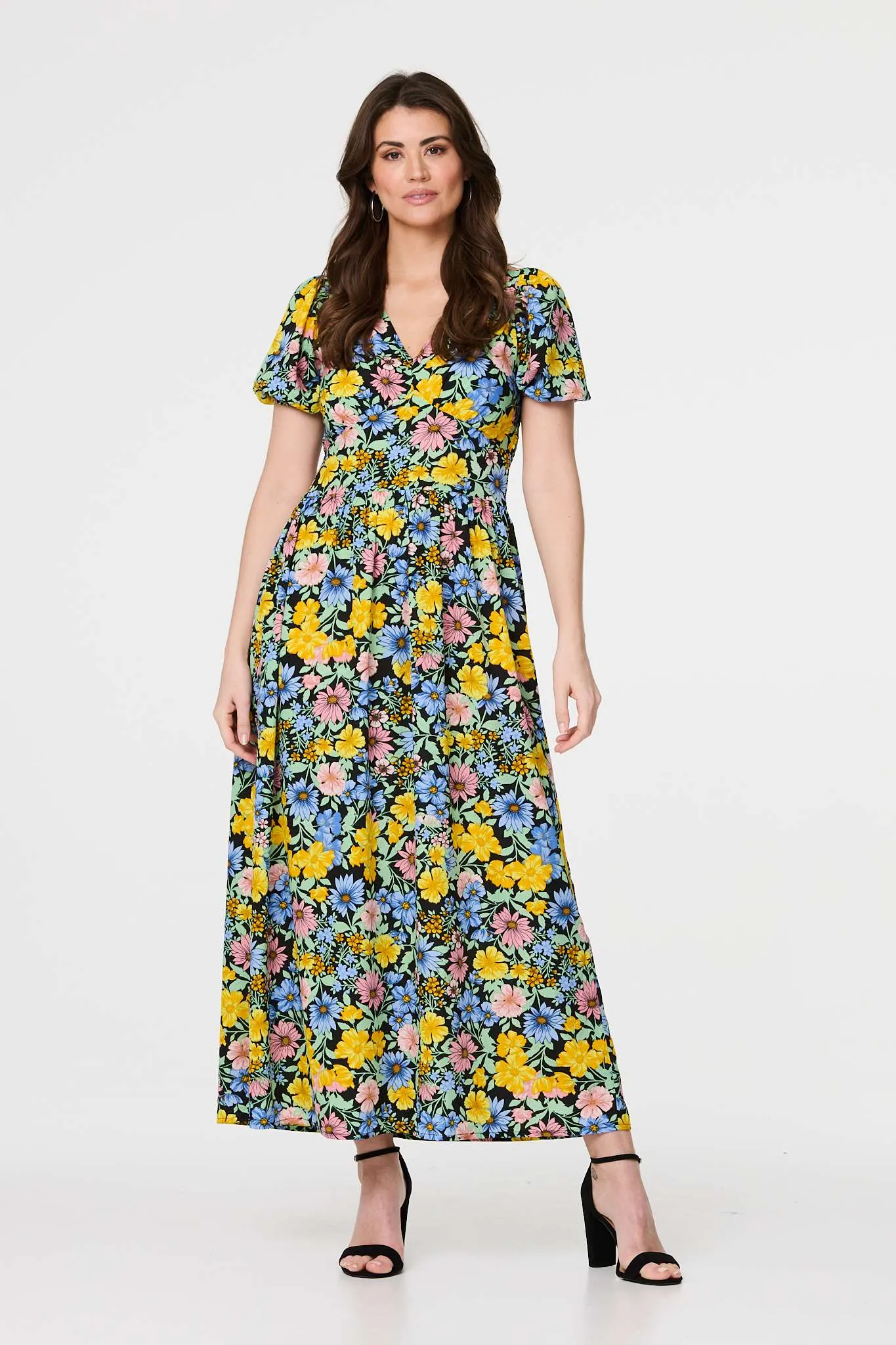 Floral Puff Sleeve Cut Out Maxi Dress