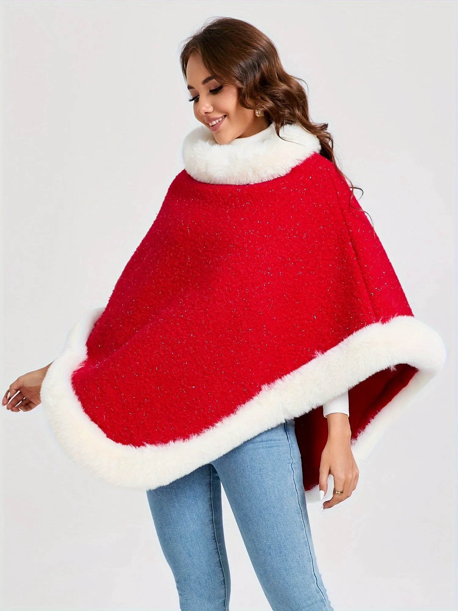 For Fall & Winter, Fuzzy Trim Color Block Poncho Christmas Thermal Crew Neck Sweater, Women's Clothing, Hanky Hem