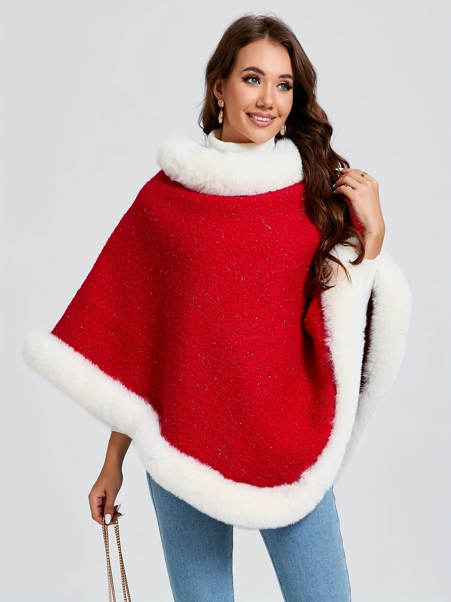 For Fall & Winter, Fuzzy Trim Color Block Poncho Christmas Thermal Crew Neck Sweater, Women's Clothing, Hanky Hem