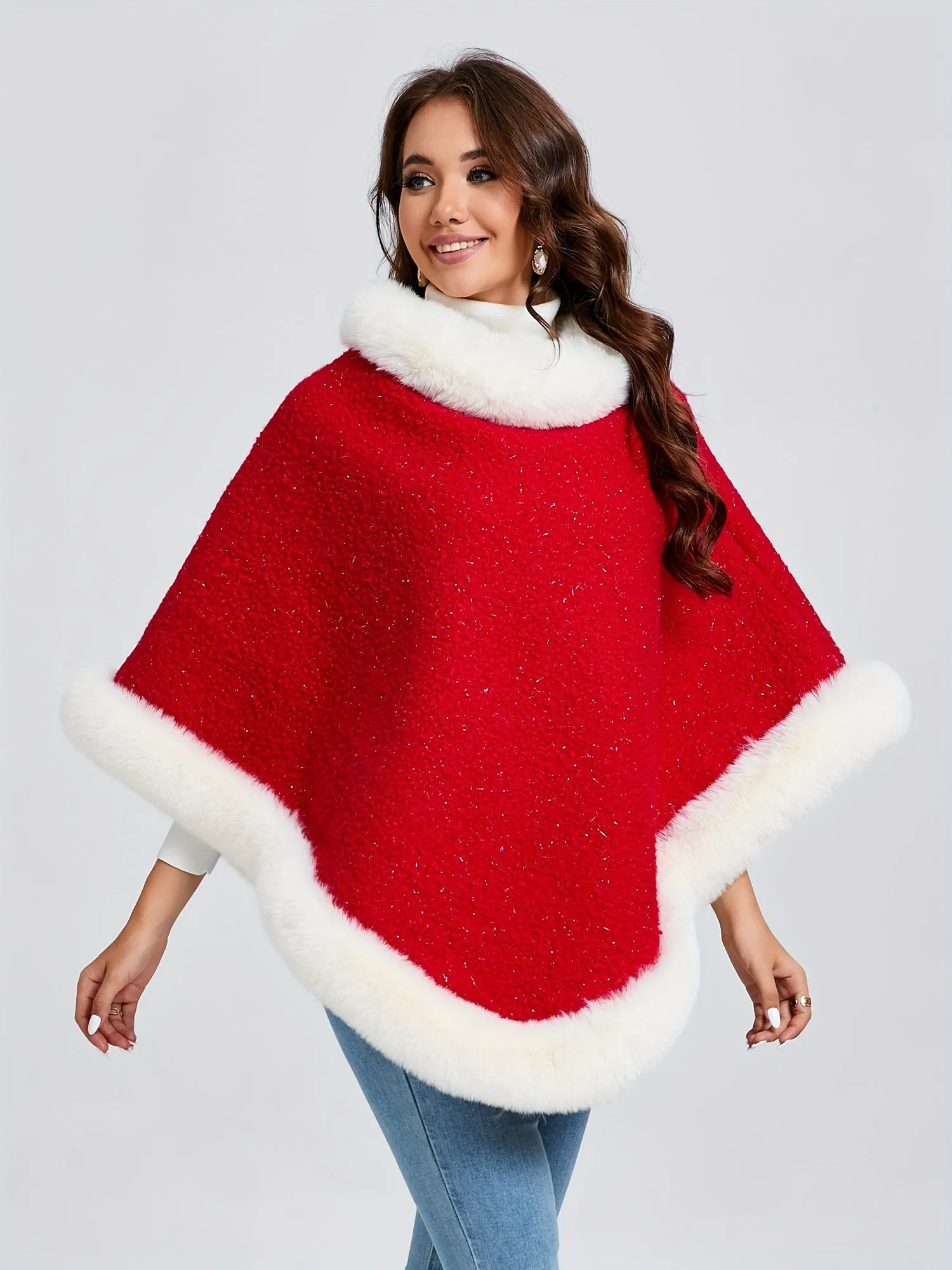 For Fall & Winter, Fuzzy Trim Color Block Poncho Christmas Thermal Crew Neck Sweater, Women's Clothing, Hanky Hem