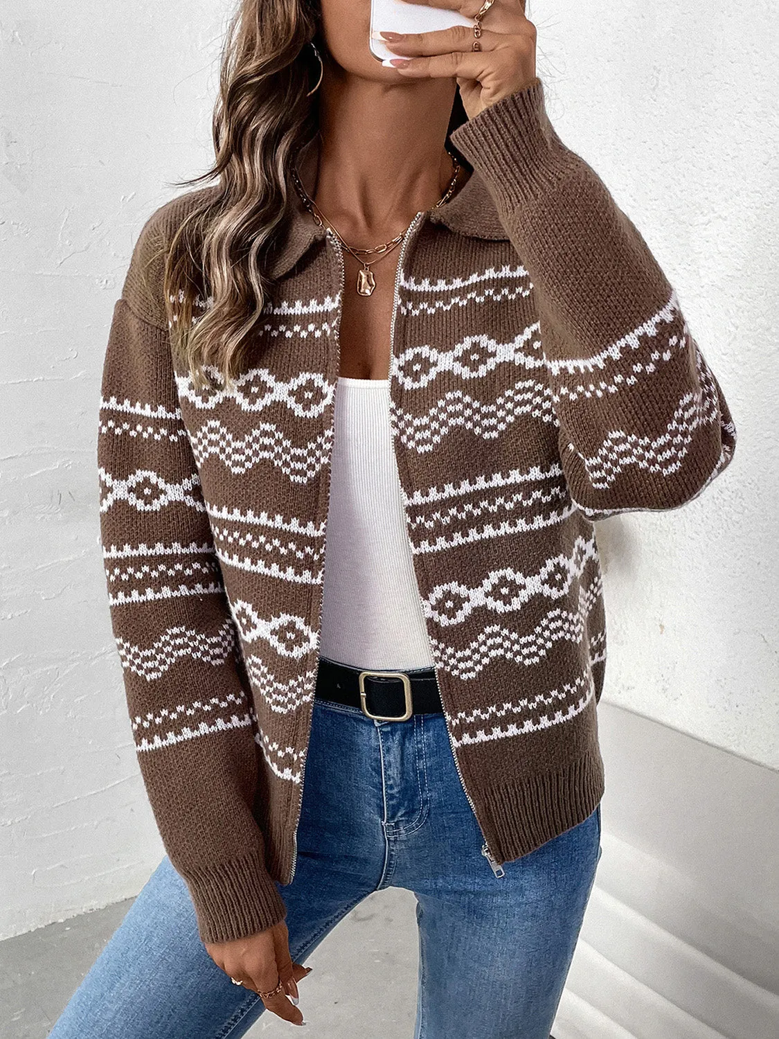 Geometric Zip Up Collared Neck Long Sleeve Sweater Jacket