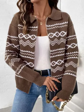 Geometric Zip Up Collared Neck Long Sleeve Sweater Jacket